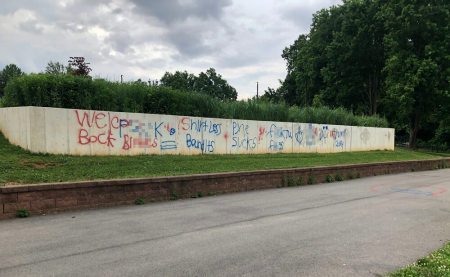 Pictured: graffiti from the June 25 act of vandalism, which contained the f-slur and sexually explicit images. 
