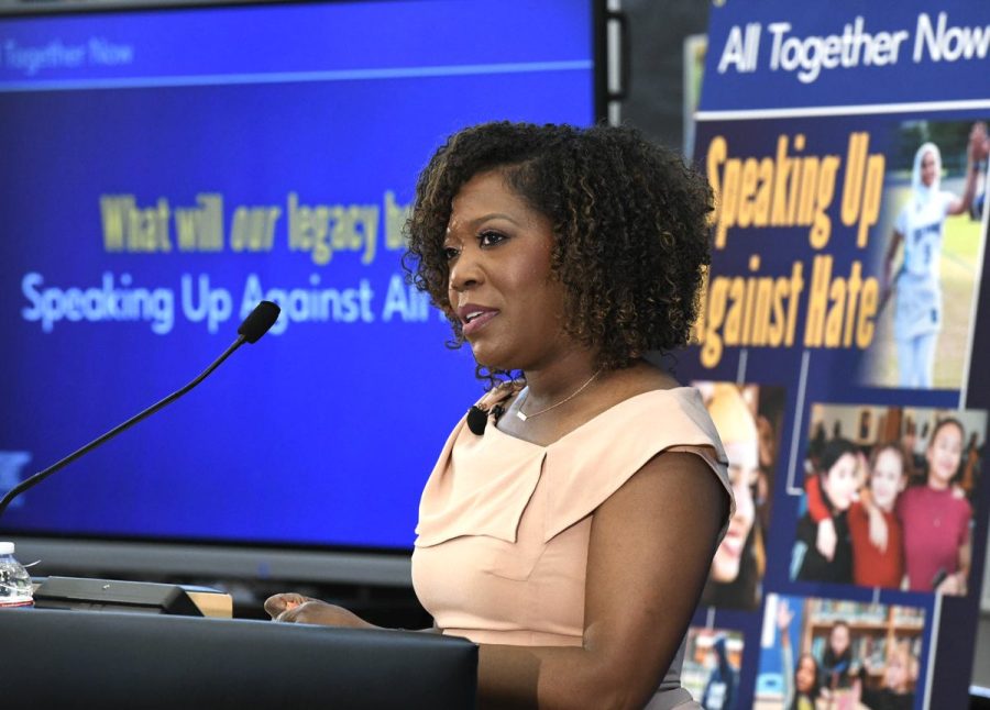 MCPS Superintendent Monifa McKnight speaks to community members at Rockville High School on April 27 about a plan to address the rise in hate speech in Montgomery County schools.
