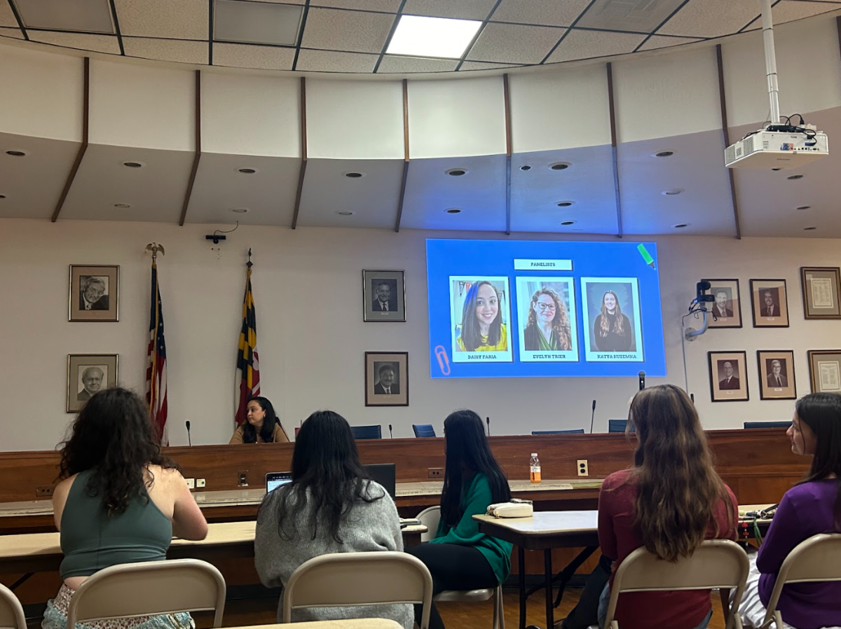 Katya Kuzemka, an admissions counselor at the University of Maryland; Evelyn Trier, the assistant director of admissions at Mount Holyoke College; and Daisy Faria, the College and Career Coordinator at Gaithersburg High School served as the panelists.