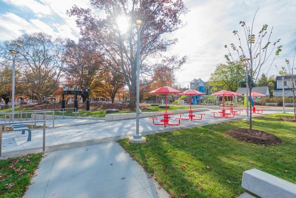 Caroline Freeland Urban Park reopened on Arlington Road in downtown Bethesda following a $3.3 million renovation by Montgomery County, Nov. 9. The redesigned park now features a larger playground, new equipment, swing benches and accessible pathways to make it more inviting and inclusive for visitors of all ages.
